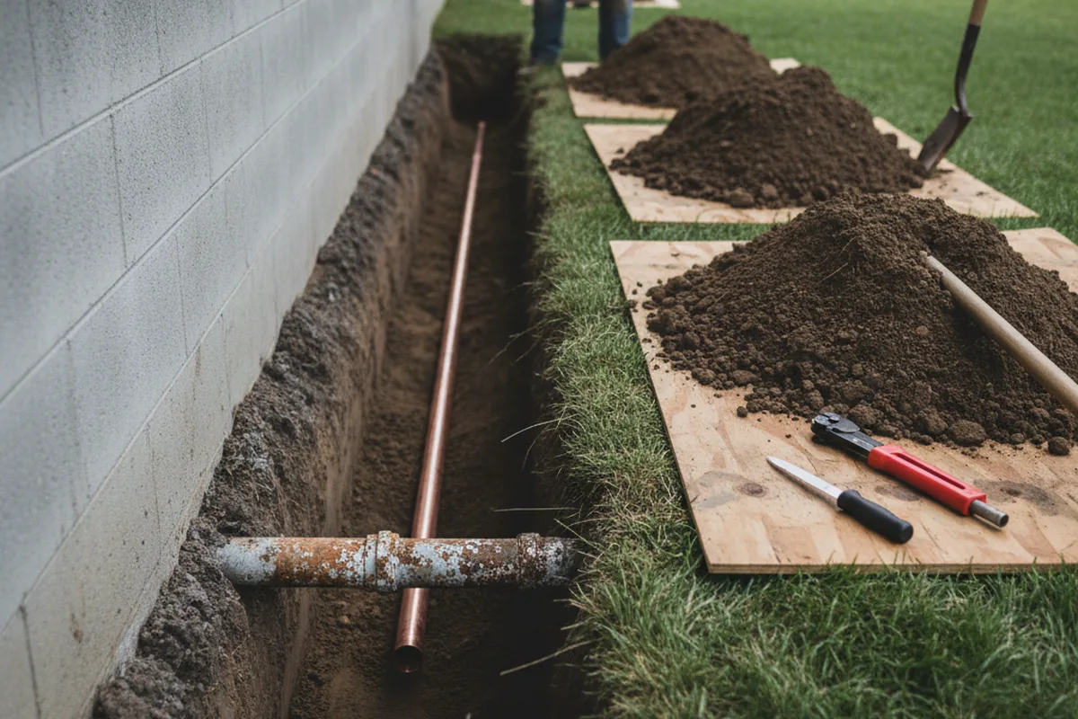 Excavated water line trench during Water Softener Installation in Gibson